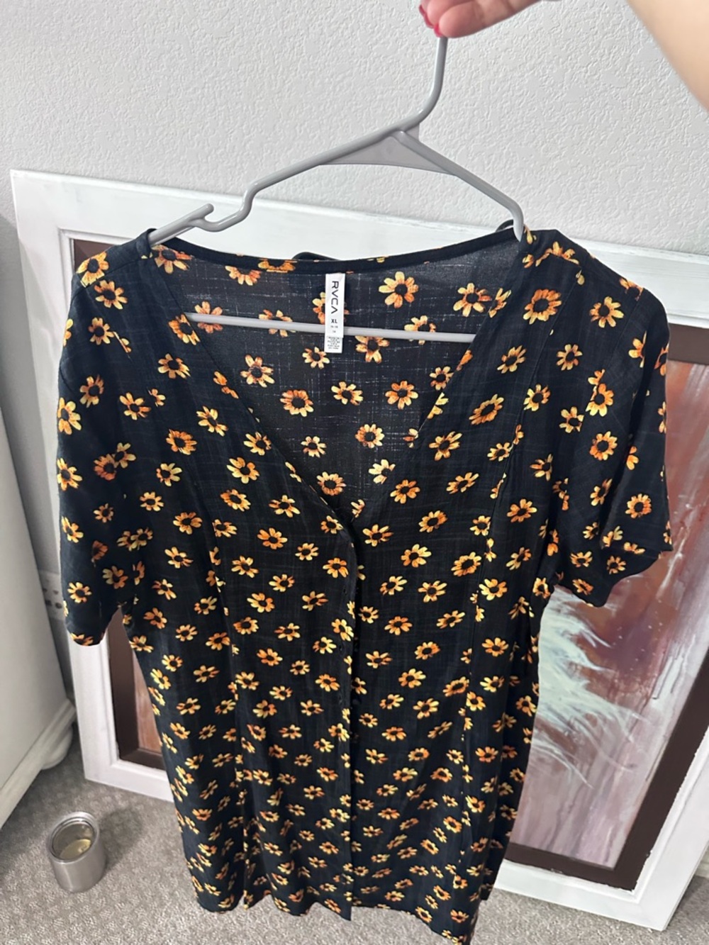 RVCA Black Floral Button-Front Dress with Yellow Sunflower Print